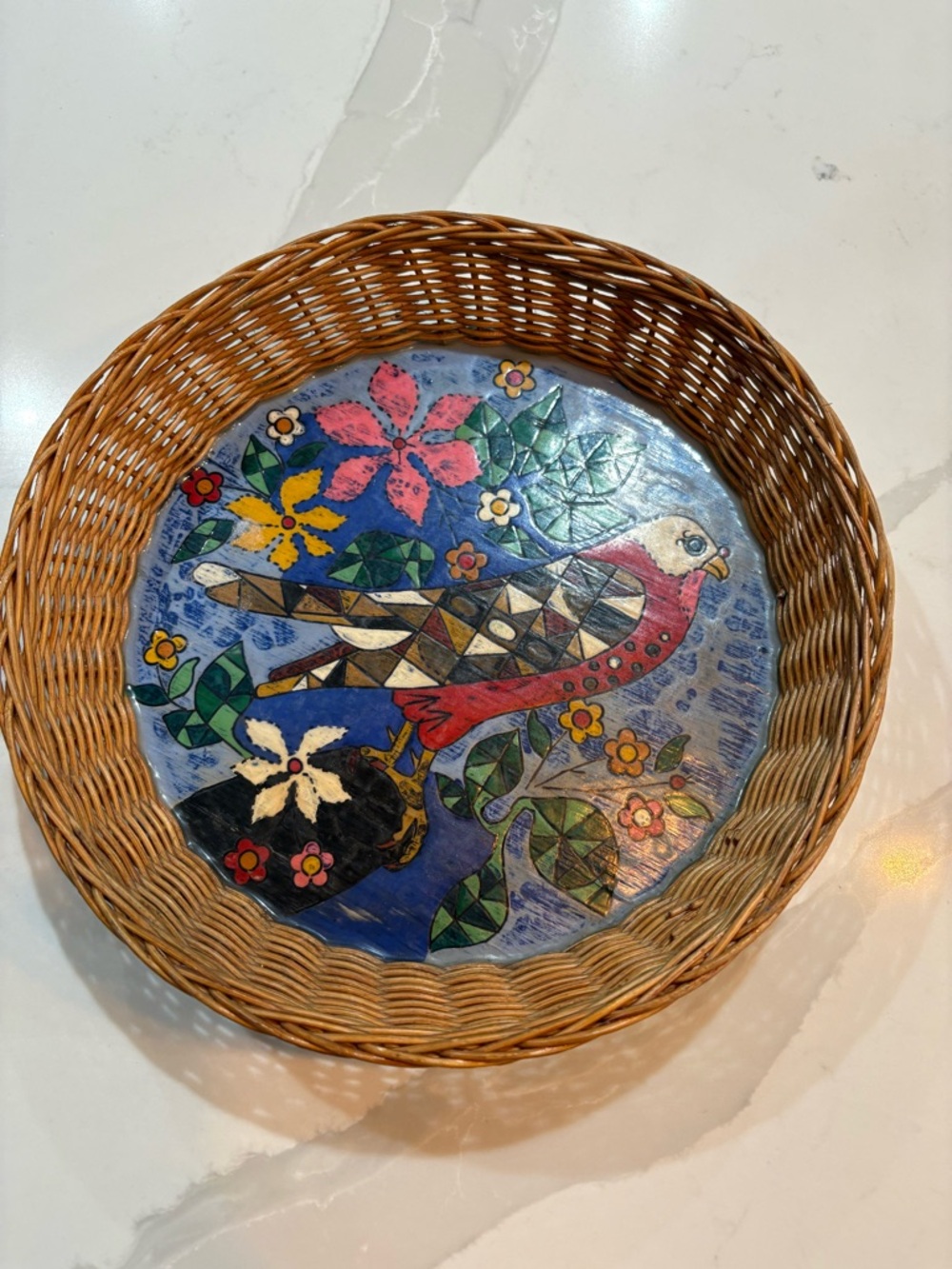 Woven Basket with Colorful Bird Motif Mexico Wall Decor